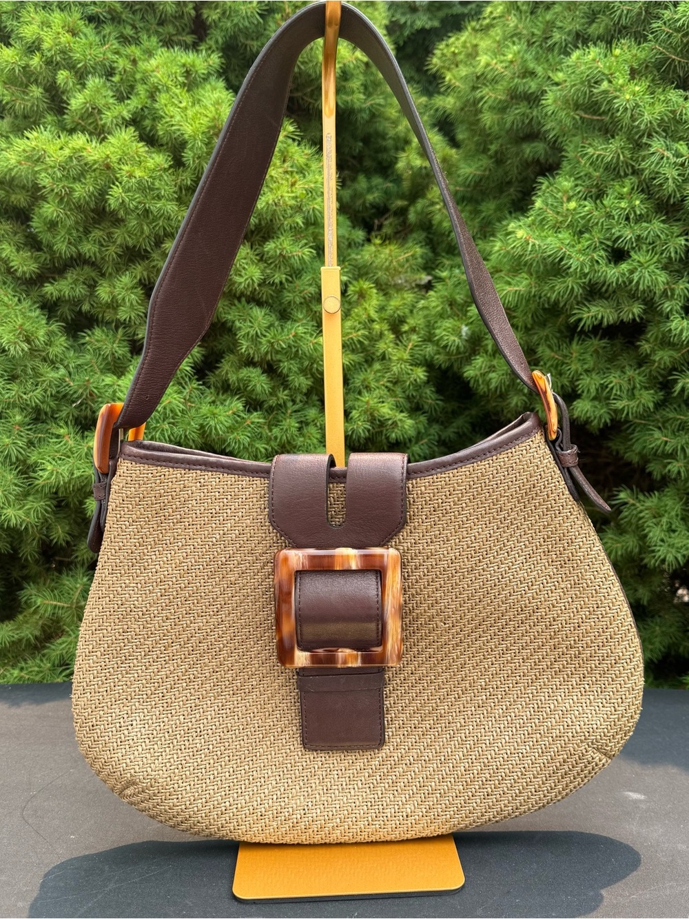 Adrienne Vitadini Vintage Straw & Leather Shoulder Bag